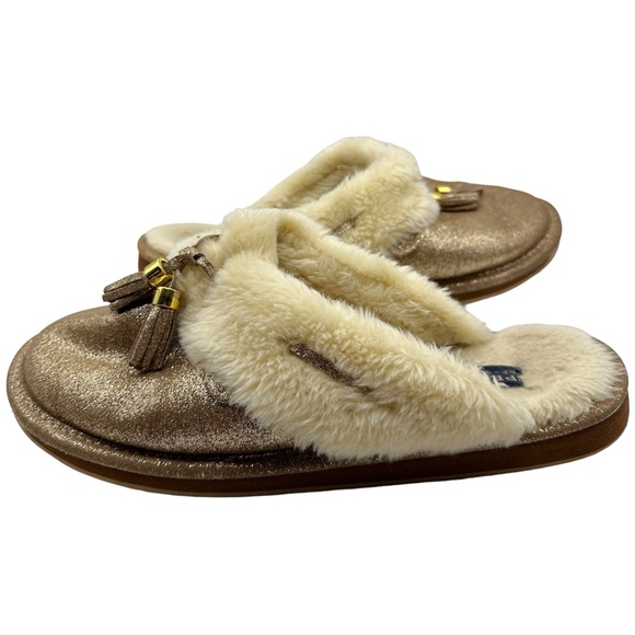 Sperry Rare Top Sider Gold Glitter Fur Trim Leather Slip On Comfy Clog Slippers - Picture 6 of 14